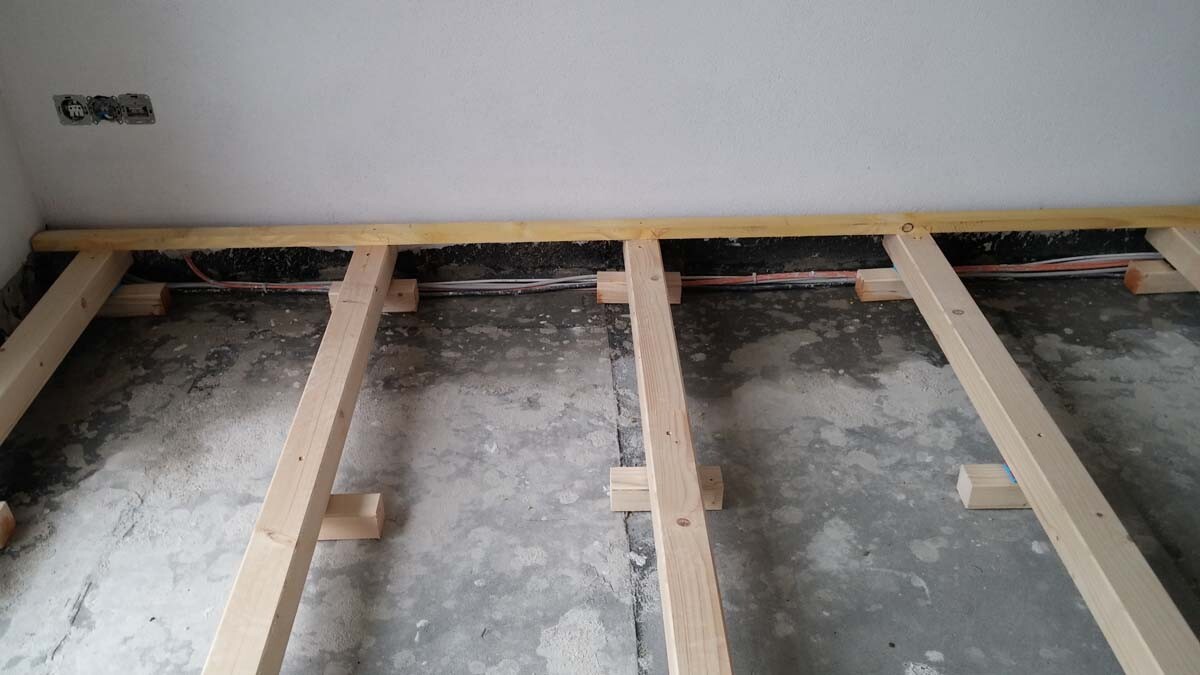 Raum mit sichtbarer Holzunterkonstruktion am Boden und Kabeln an der Wand