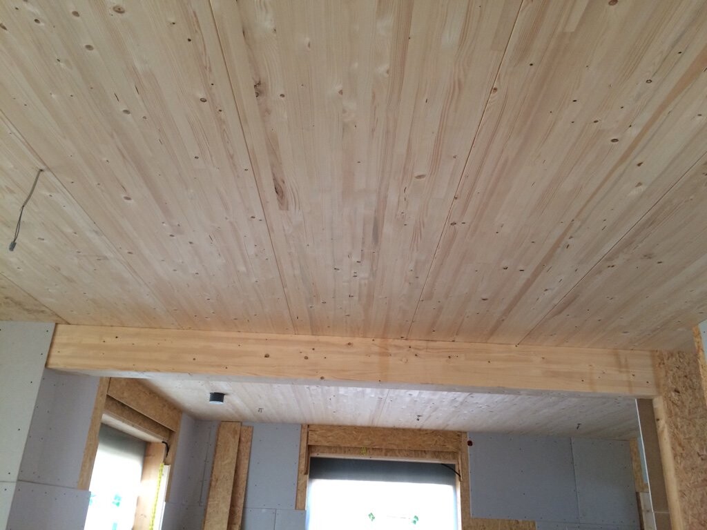 Rohbau-Innenraum mit Holzdachverkleidung, großer Deckenbalken und OSB-Wänden.