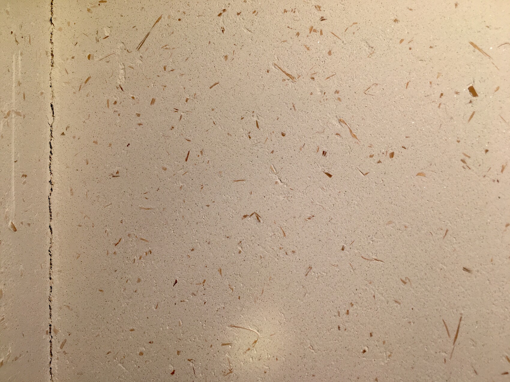 Beige Wand mit verstreuten braunen Holzspänen; links eine Risslinie sichtbar.