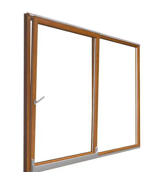 Zweiflügeliger Holzfensterrahmen mit Glas, Griff auf der linken Seite, vor weißem Hintergrund.