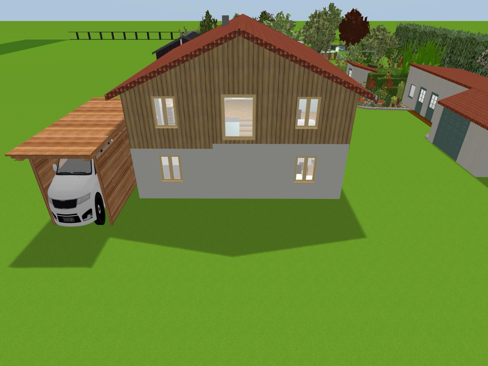 Zweistöckiges Haus mit Holzfassade, grauer Sockel, rotem Dach, Carport mit Auto.
