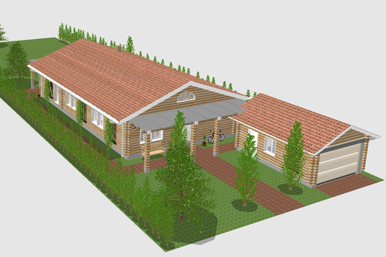 3D-Holzhaus-Außenansicht mit Carport, Garten und Bäumen