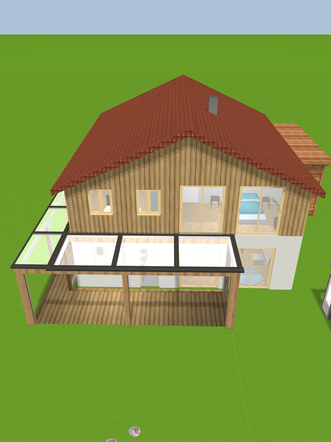 Zweistöckiges Holzhaus mit rotem Ziegeldach, Glasveranda und grünem Rasen.