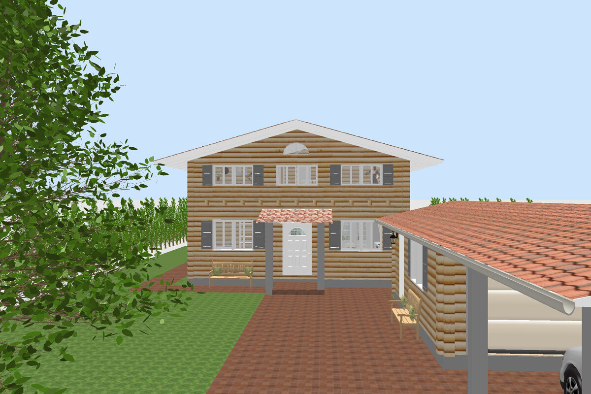Zweistöckiges Holzhaus mit Fensterläden, Vordach, Carport und Baum links.
