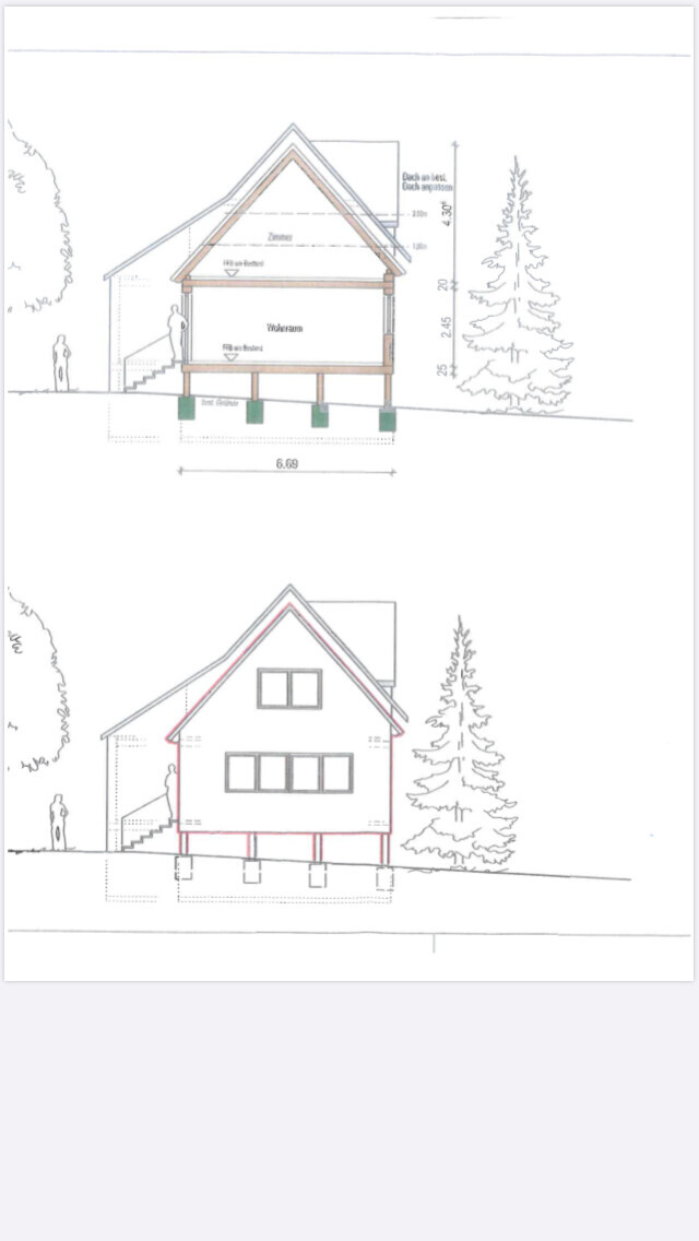 Architekturzeichnung: Haus-Schnitt und Frontansicht eines Holzständerbaus mit Fundamenten.