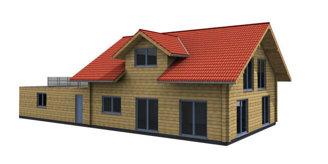 Holzhaus mit rotem Ziegeldach, Holzfassade und vielen Fenstern.