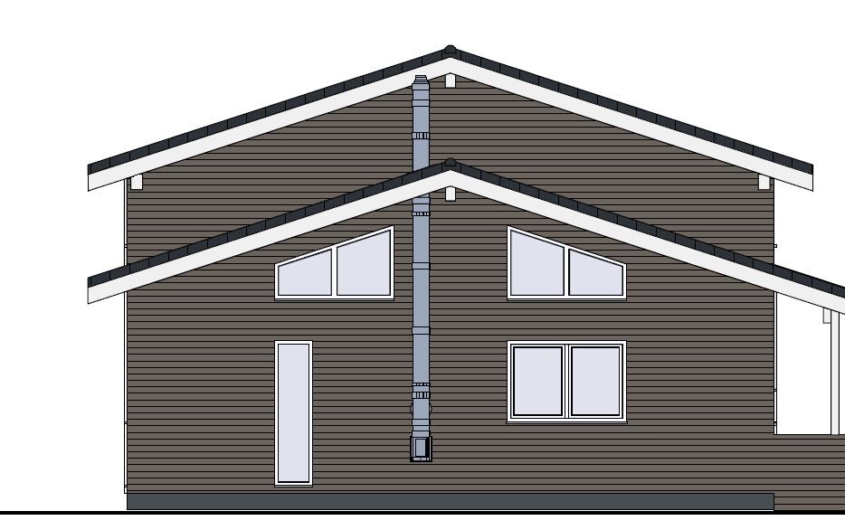 Modernes zweistöckiges Haus mit brauner Holzverkleidung, schrägen Dächern und großen Fenstern.