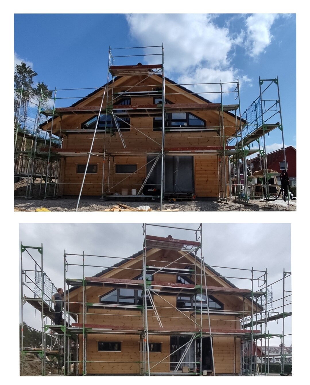 Holzhaus unter Bau mit grünem Gerüst; zwei Aufnahmen zeigen Dachstuhl und Arbeiter.