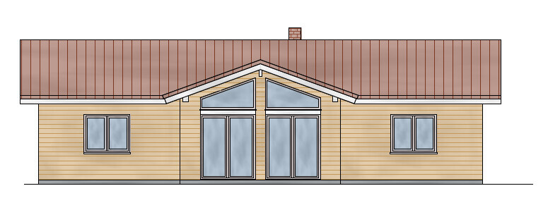 Einfamilienhaus mit gelber Holzverkleidung, braunem Satteldach, zentrale Glastüren und Fenster