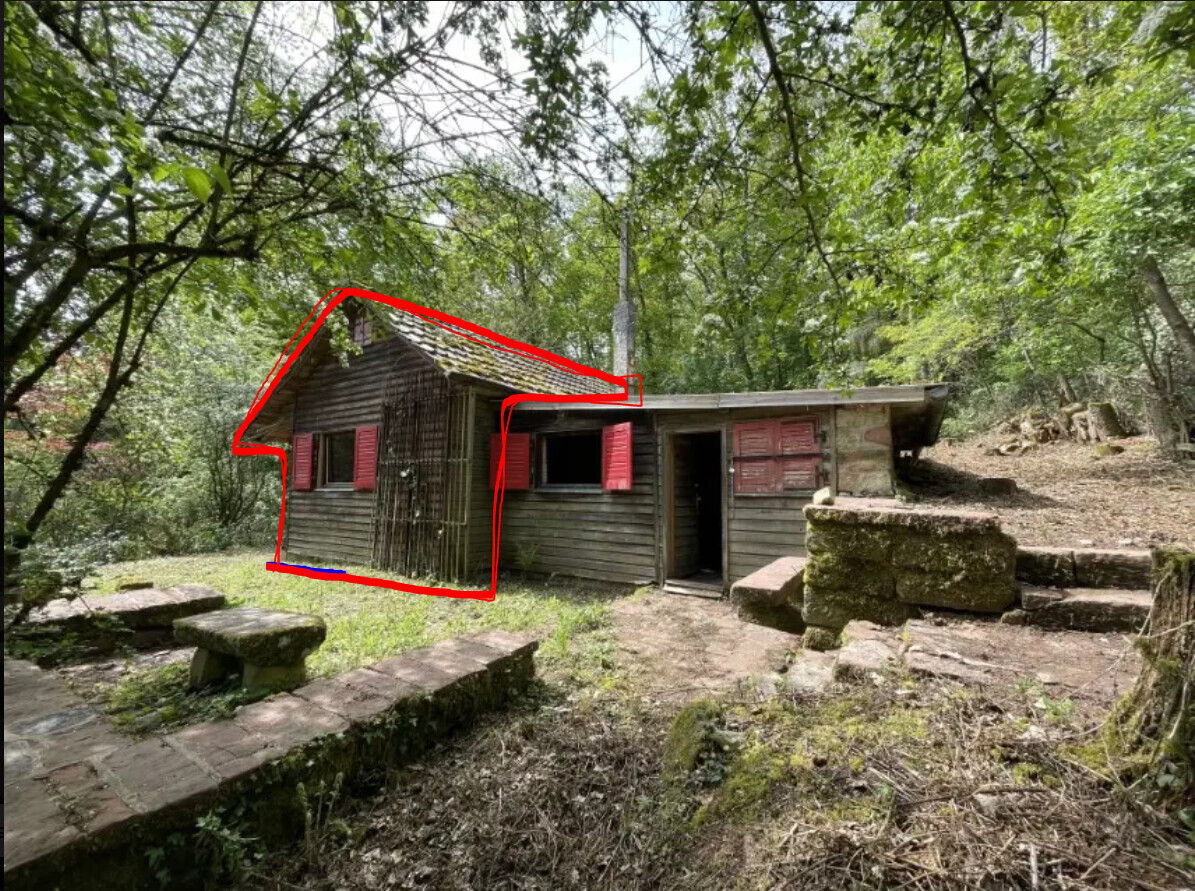 Kleines Holzhäuschen mit roten Fensterläden im Wald, umgeben von Bäumen und Steinplatten.