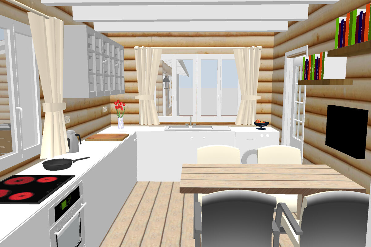 Küche im Blockhausstil mit Spüle, Herd, Esstisch mit Stühlen, Fenster mit Vorhängen und Bücherregal.