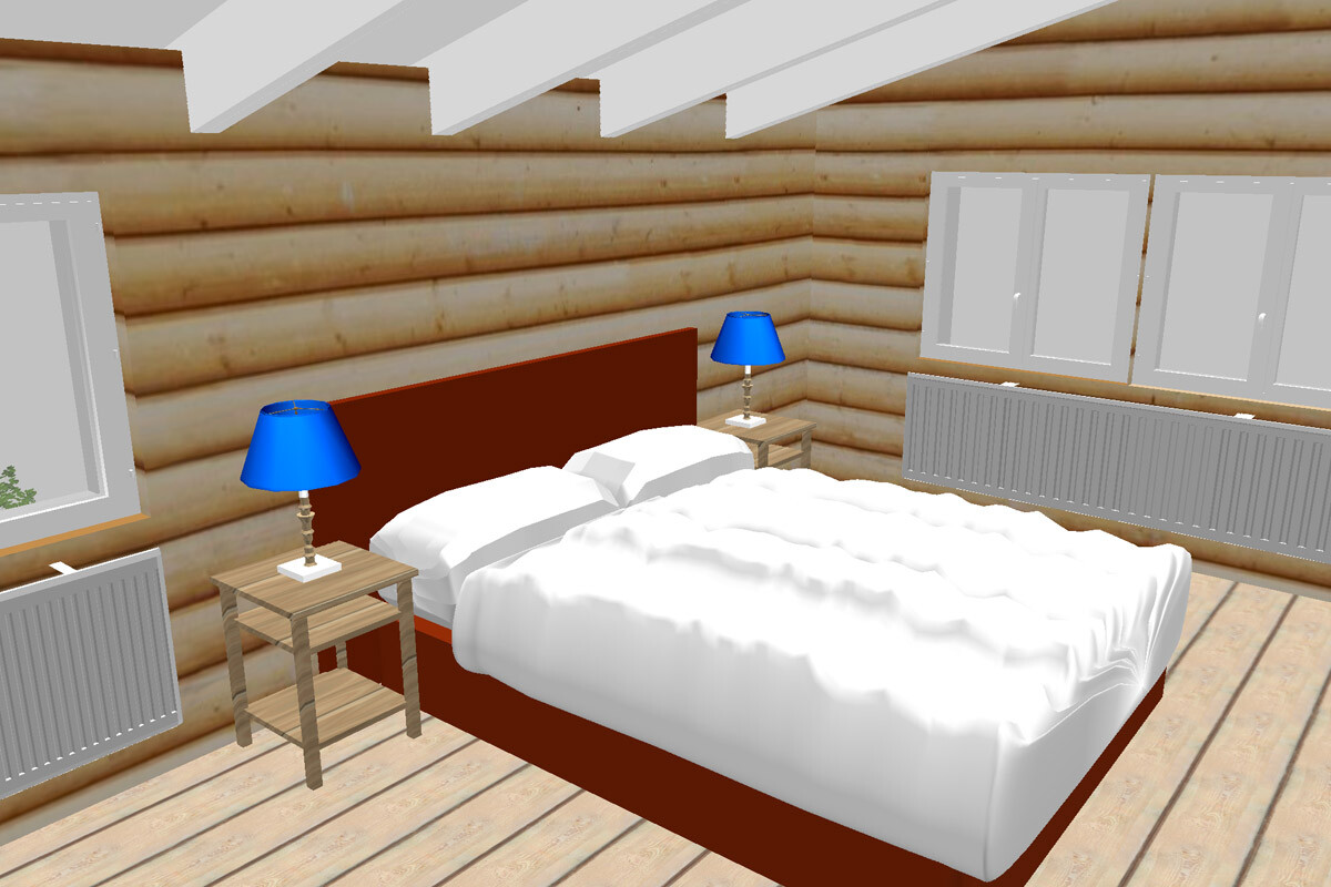 Schlafzimmer in Holzhütte mit Doppelbett, zwei Nachttischen, blaue Lampen, Fenster und Heizkörper.