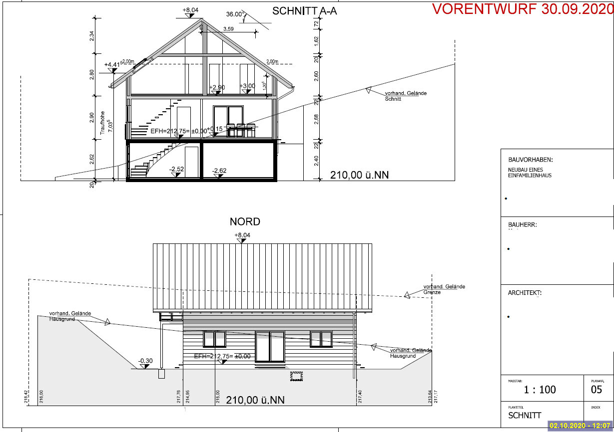 Architektur-Schnitt A-A und Nordansicht eines zweistöckigen Hauses mit Dachstuhl und Maßen.