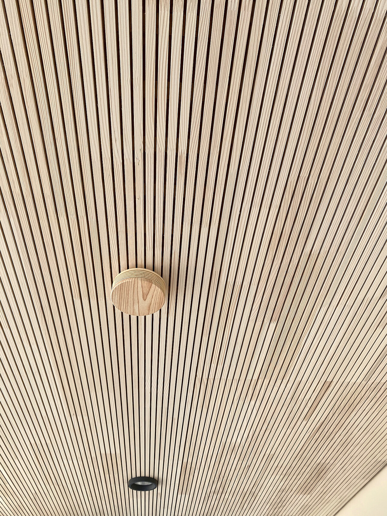 Decke mit vertikalen Holzlamellen; mittig eine runde Holzeleuchte.