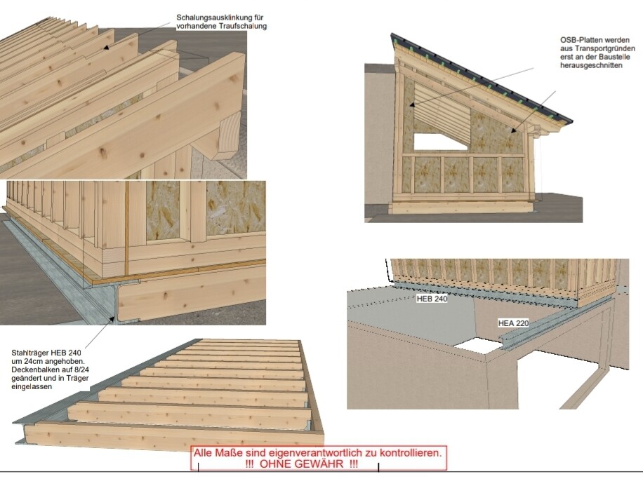 Schematische Holzkonstruktion: Holzrahmen, OSB-Verkleidung und Dachaufbau.