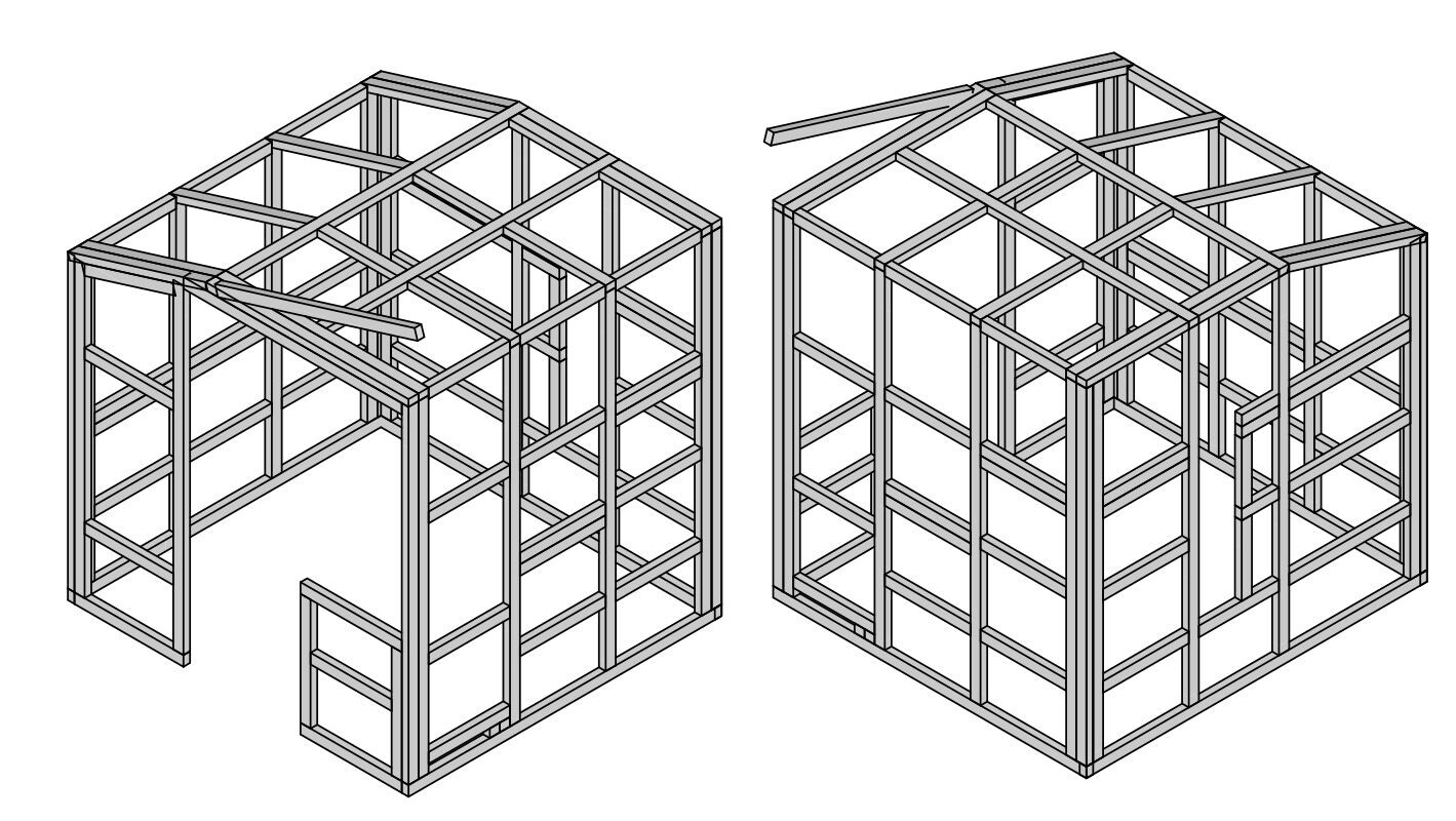 Zwei Holzrahmenstrukturen eines Gebäudes mit Dachkonstruktion in 3D.