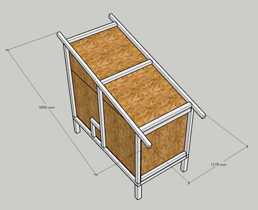 3D-Modell eines kleinen Holzrahmenbaus mit OSB-Wänden und Dach