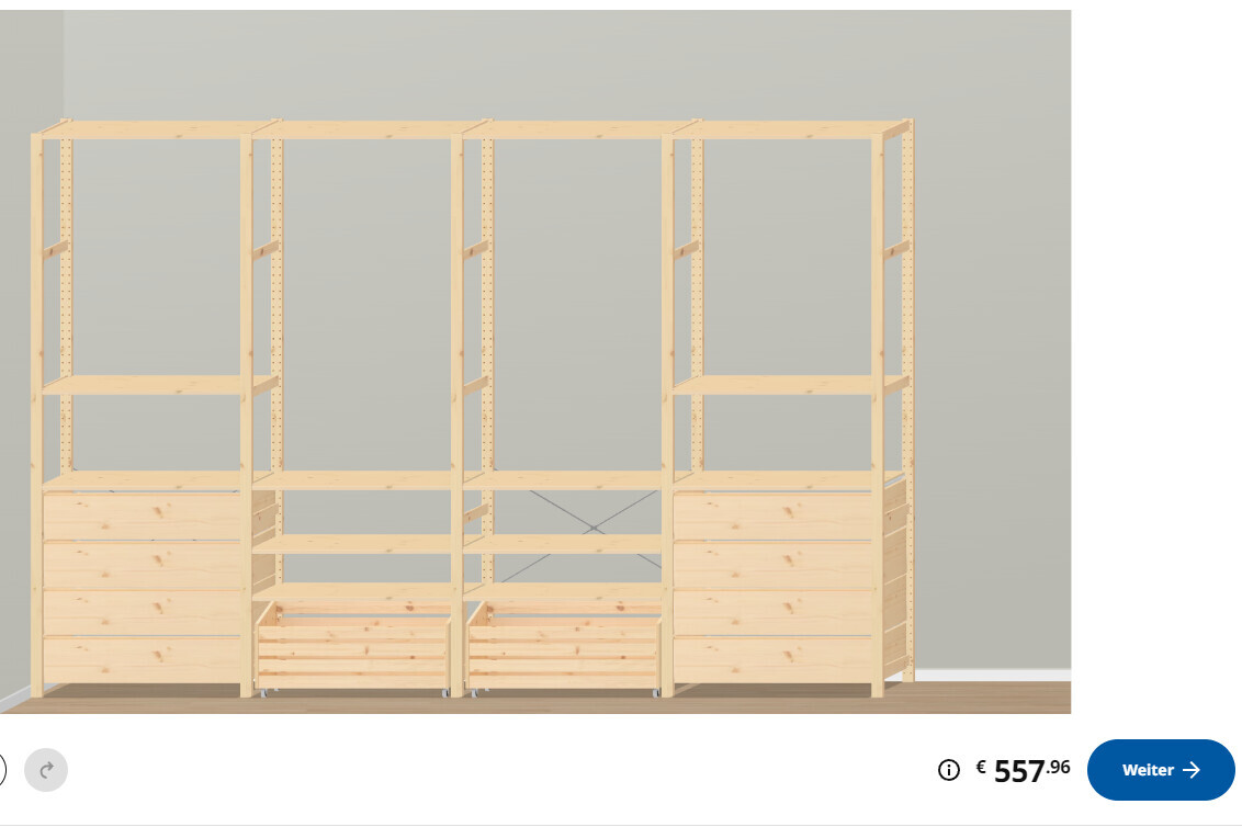 Modulares Holzregal-System mit offenen Fächern und untenliegenden Schubladen an der Wand.