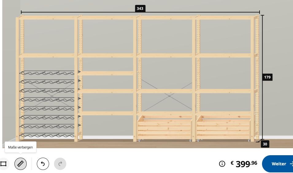 Großes Holzregal-System mit linken Weinfächern, offenen Böden und Holzkisten unten.