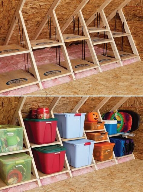 Dachboden-Lager mit Holzkonstruktionen und bunten Aufbewahrungsboxen in Reihen.