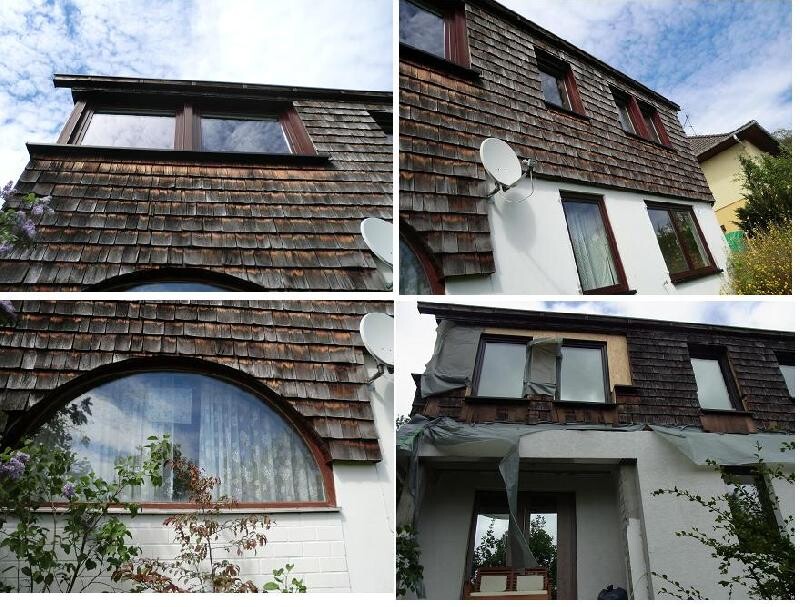 Haus mit Holzschindel-Dachgauben, Fensterfront und Satellitenschüssel