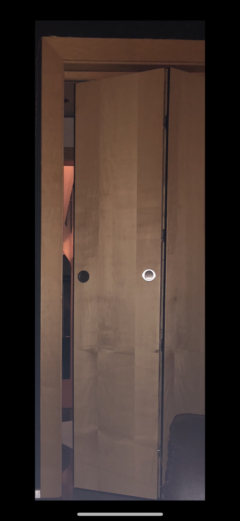 Offene Holztüren eines Kleiderschranks in einem Zimmer, Innenausbau sichtbar