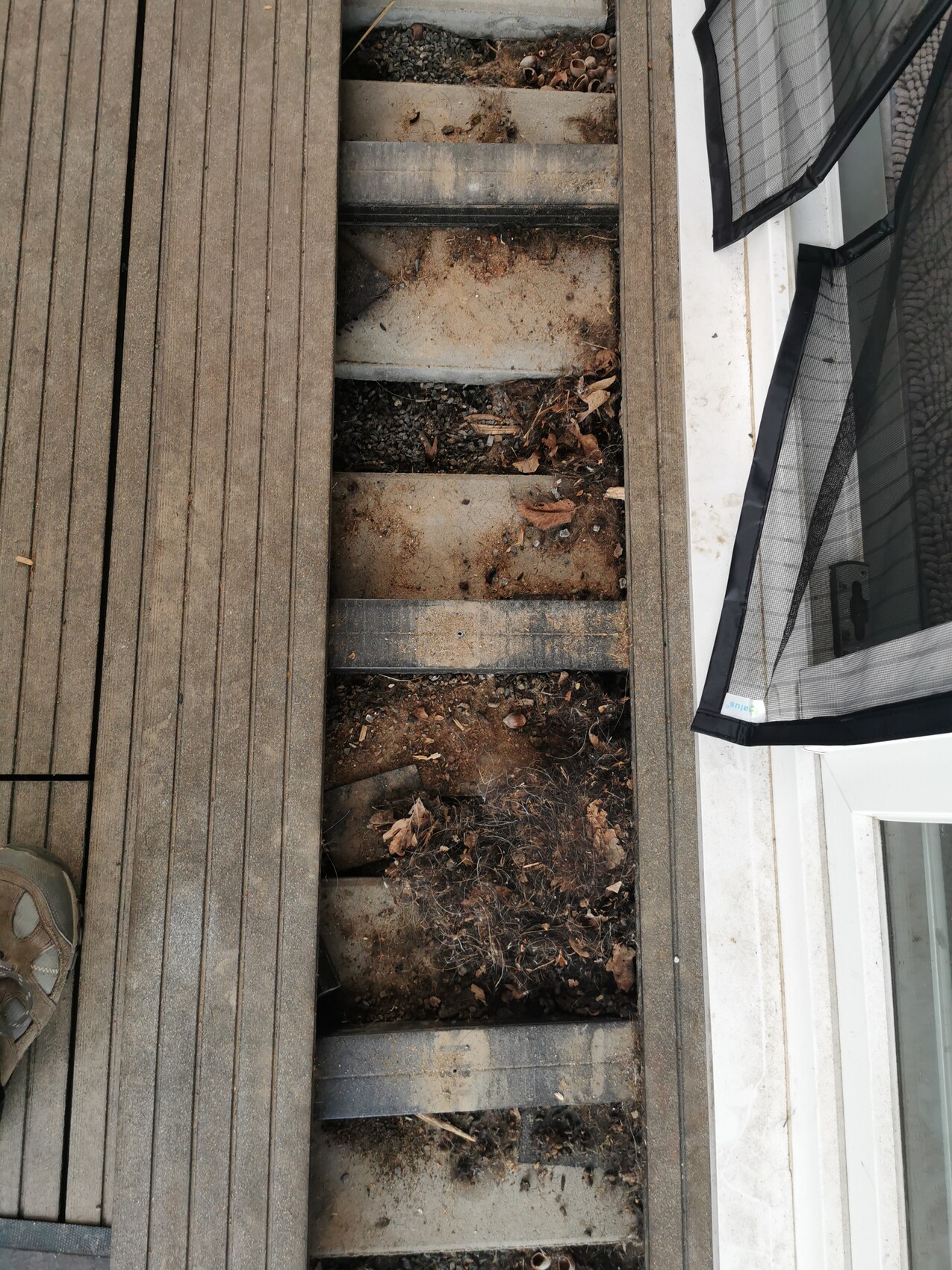 Holzdeck mit offenen Fugen, Erde und Blättern, daneben Fenster mit Fliegengitter.