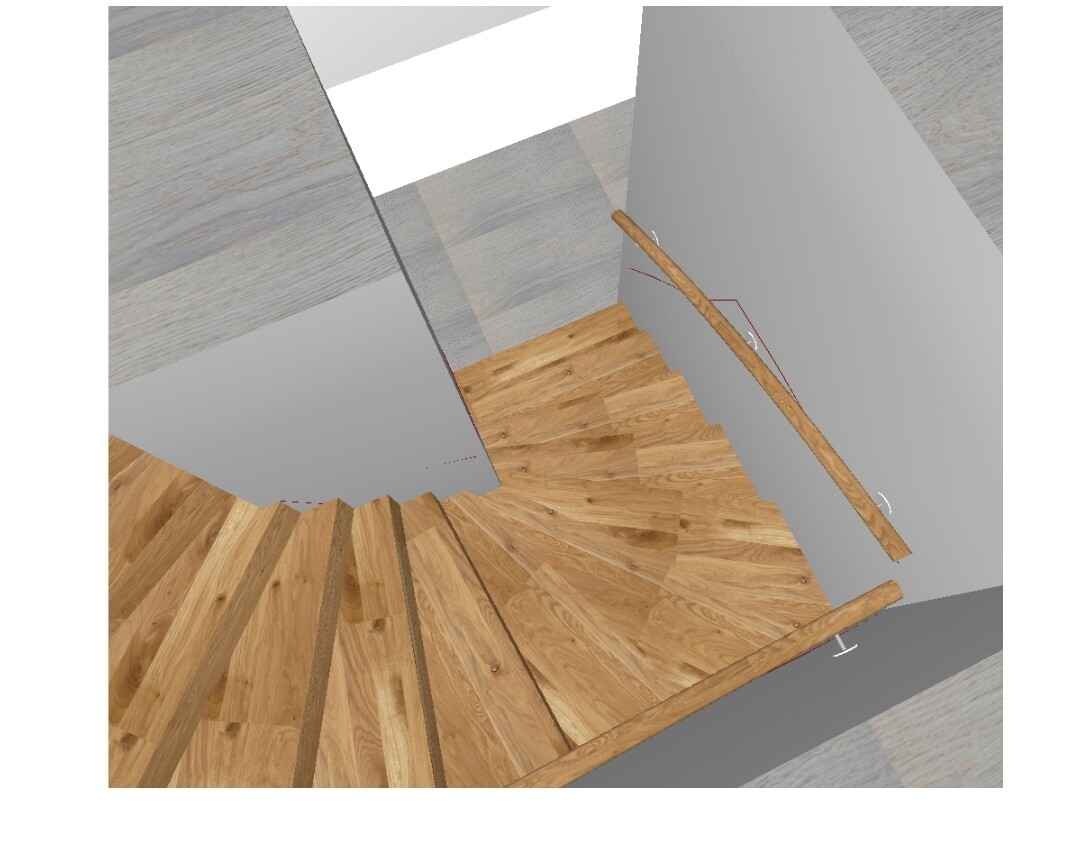 Draufsicht auf eine spiralförmige Holztreppe mit Geländer zwischen grauen Innenwänden.