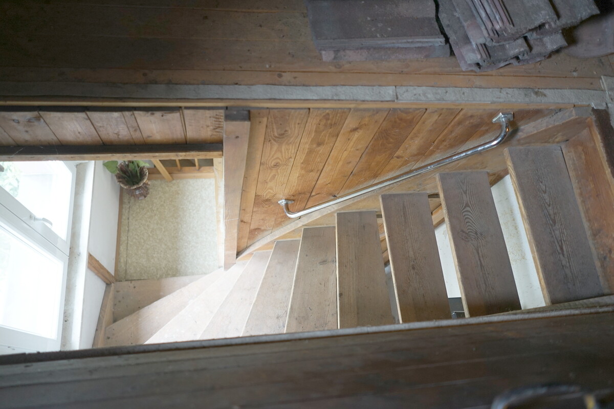 Holztreppe mit Metallhandlauf, Blick von oben auf Stufen; Pflanze im Flur.
