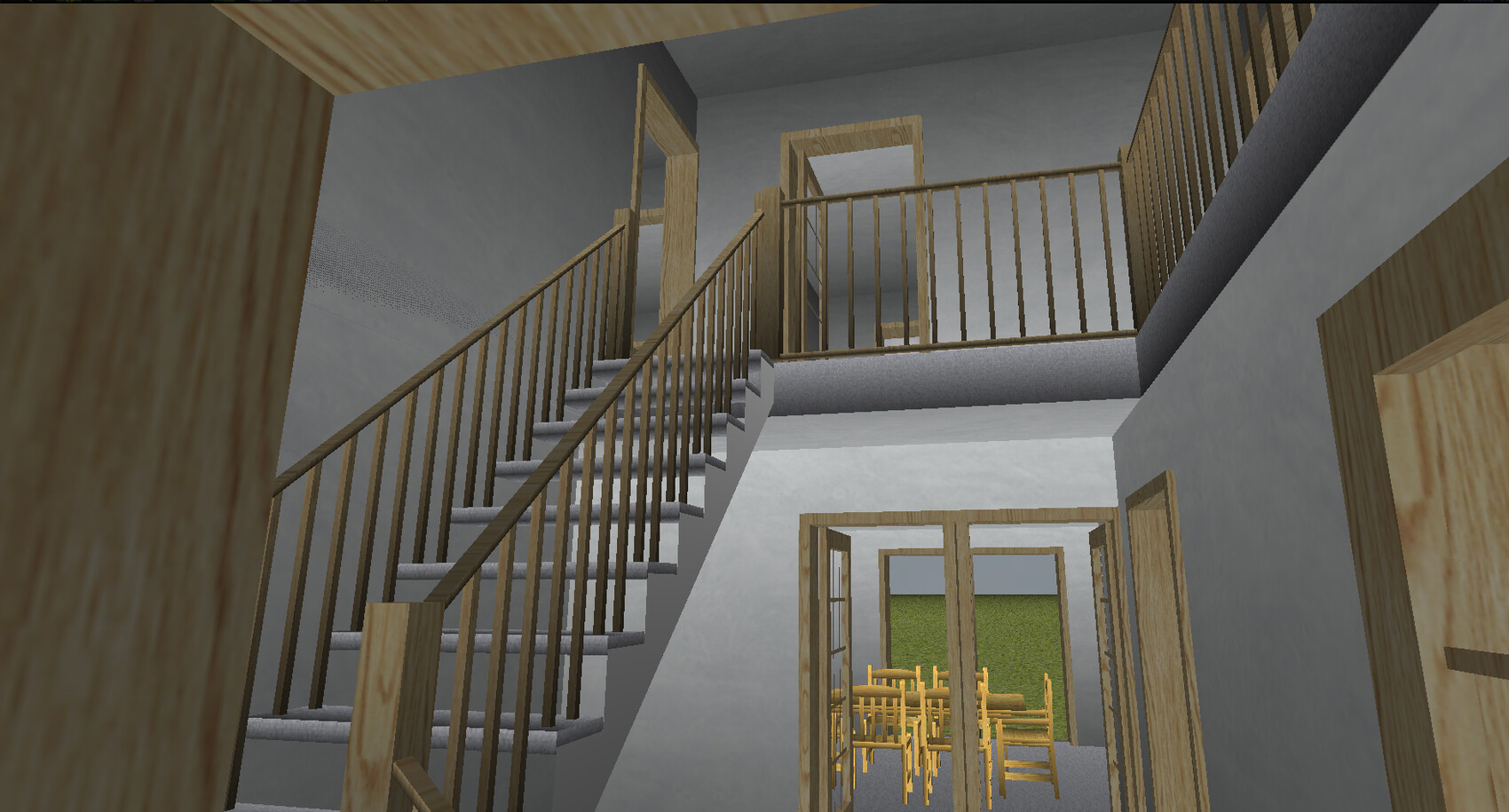 3D-Render eines mehrstöckigen Hauses mit Holztreppe, Geländern und offenen Türrahmen.
