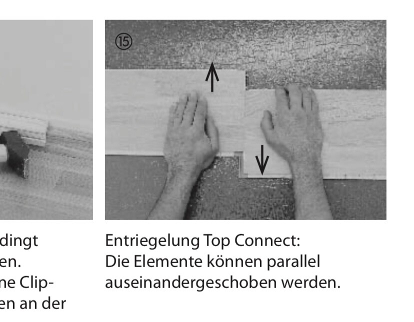 Beide Hände verschieben Holzteile parallel zueinander zur Entriegelung des Top Connect.