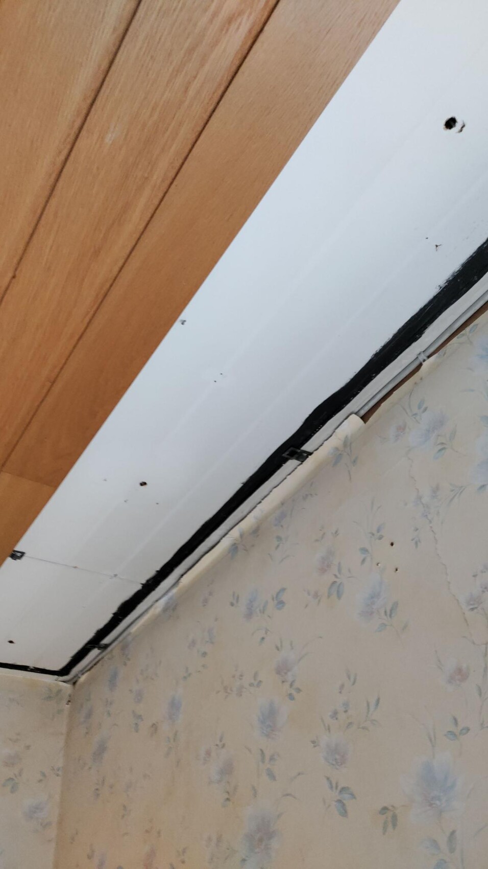 Eckbereich eines Zimmers mit Holzbrettern, weißer Wand, schwarzem Dichtstreifen und florale Tapete.