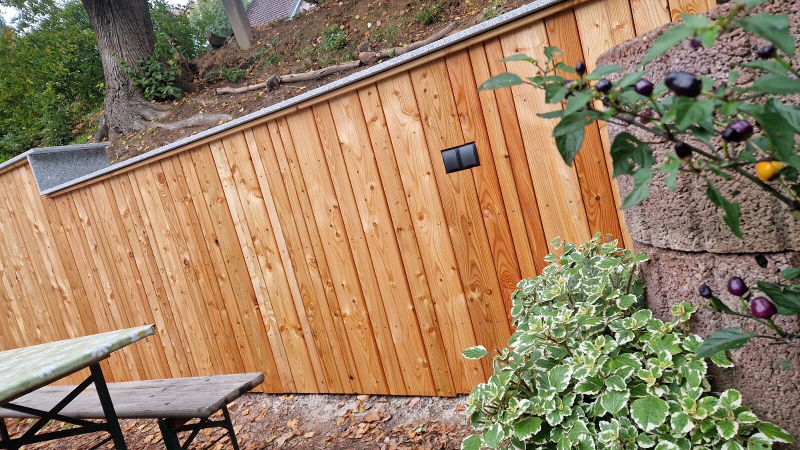 Außenbereich mit Holzzaun, Gartenpflanzen und Sitzbereich