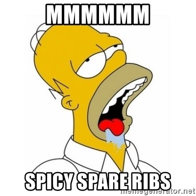 Meme mit Homer Simpson, Mund geöffnet, Text MMMMM Spicy Spare Ribs