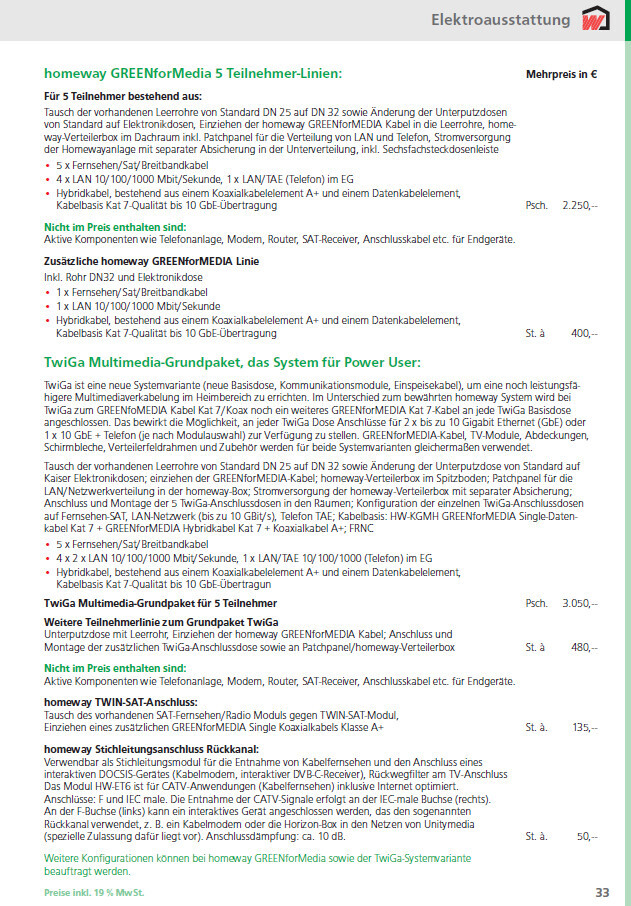 Preis- und Produktübersicht zu homeway GREENforMedia- und TwiGa-Linien inkl. Zubehör.