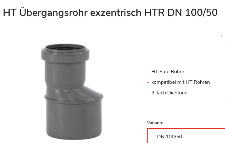 Exzentrisches HT-Übergangsrohr DN 100/50 aus grauem Kunststoff