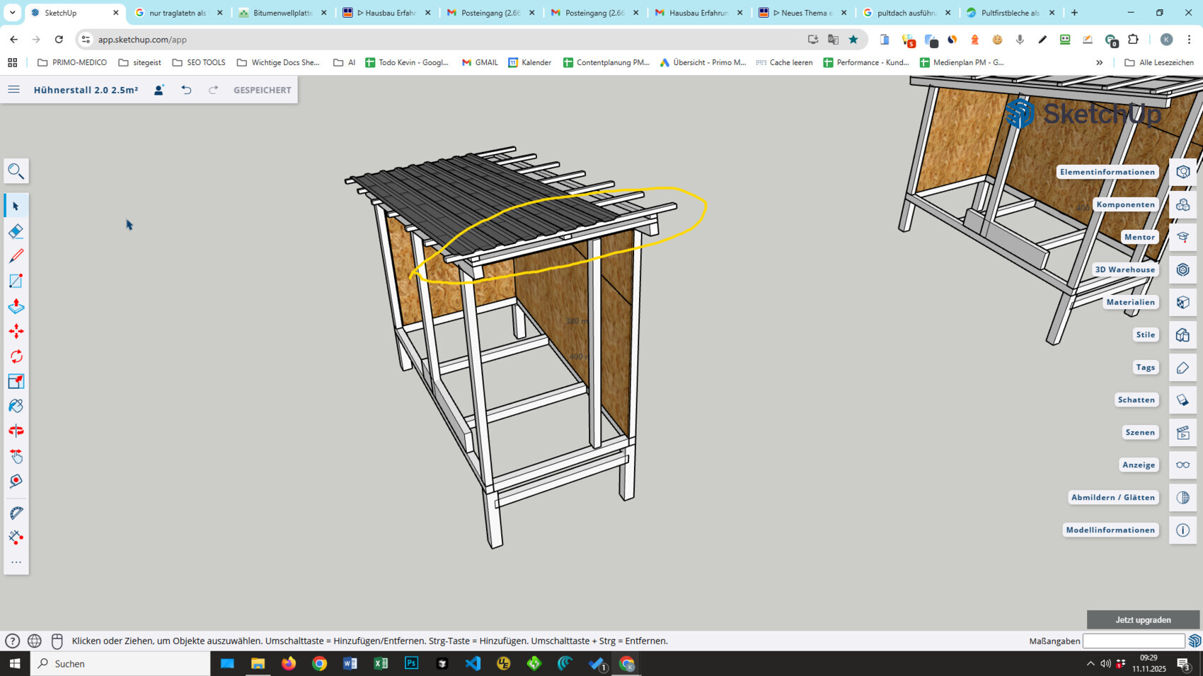 3D Hühnerstall aus Holzrahmen mit Dach in SketchUp