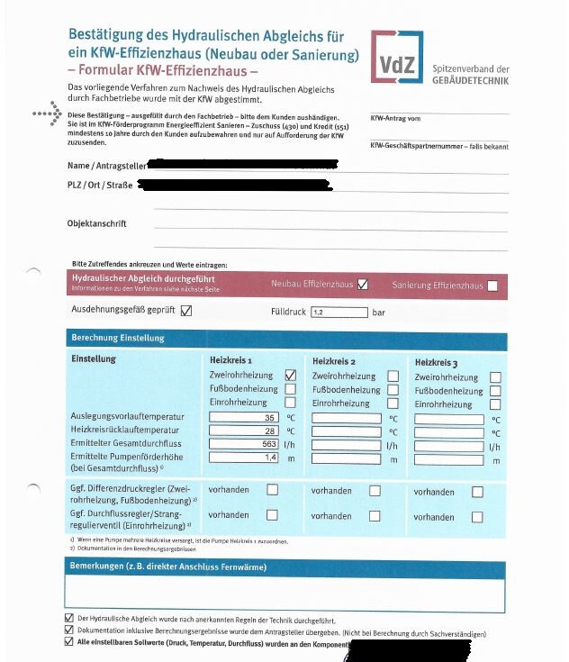 Formular zur Bestätigung des hydraulischen Abgleichs für ein KfW-Effizienzhaus mit Feldern.