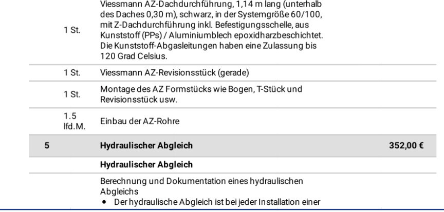 Dokumentenseite: Hydraulischer Abgleich, Position 5, Preis 352,00 €