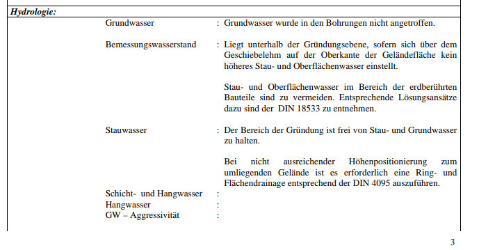Hydrologie-Tabelle mit Grundwasser, Bemessungswasserstand, Stauwasser, Schicht- und Hangwasser.
