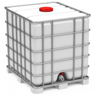 Großer IBC-Tank im Stahlrahmen mit rotem Deckel und Auslauf