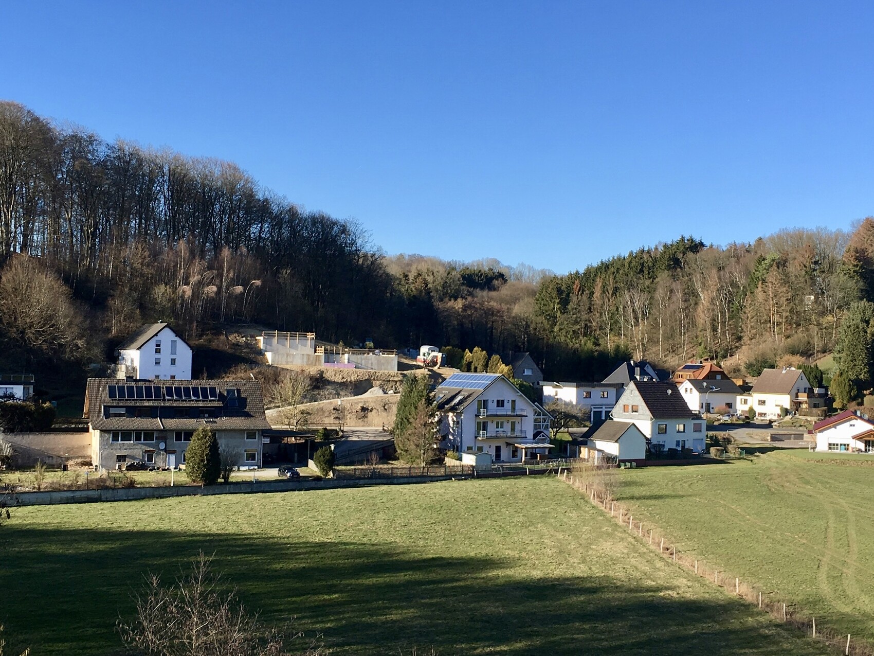 Ländliches Dorf am Waldrand mit Häusern, Feldern und blauem Himmel.