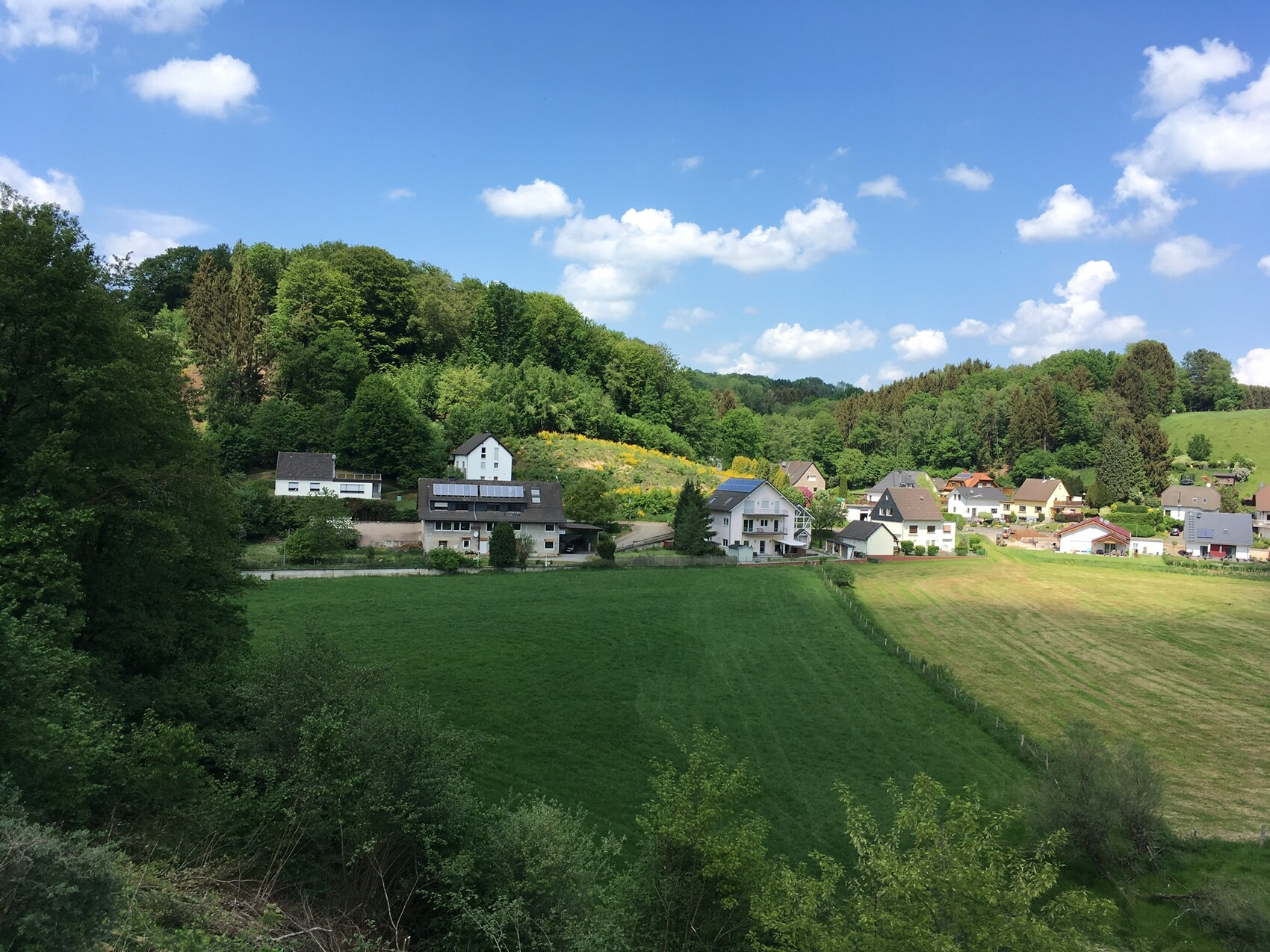 Ländliches Dorf am Hang mit Häusern, grünen Feldern und Wald, blauer Himmel
