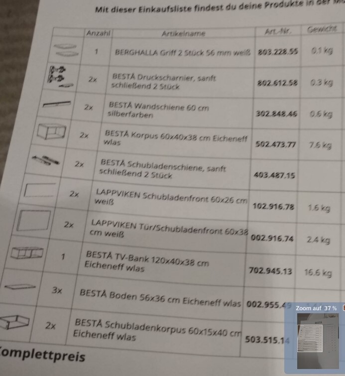Einkaufsliste mit IKEA BESTA Möbelteilen, Korpus, Fronten und Schubladenschienen