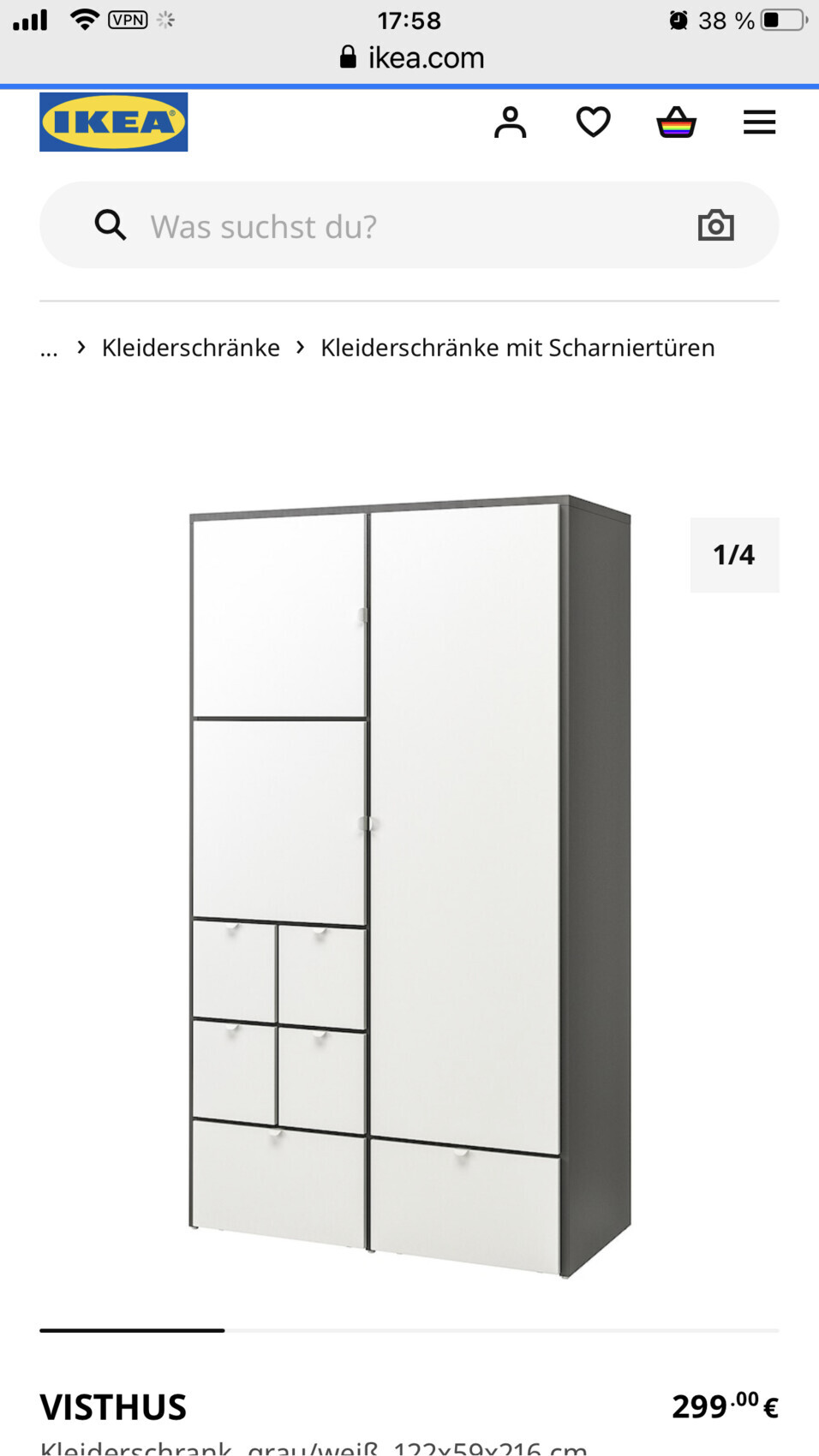 Kleiderschrank mit weißen Fronten und grauem Rahmen; linke Seite mit Fächern und Schubladen