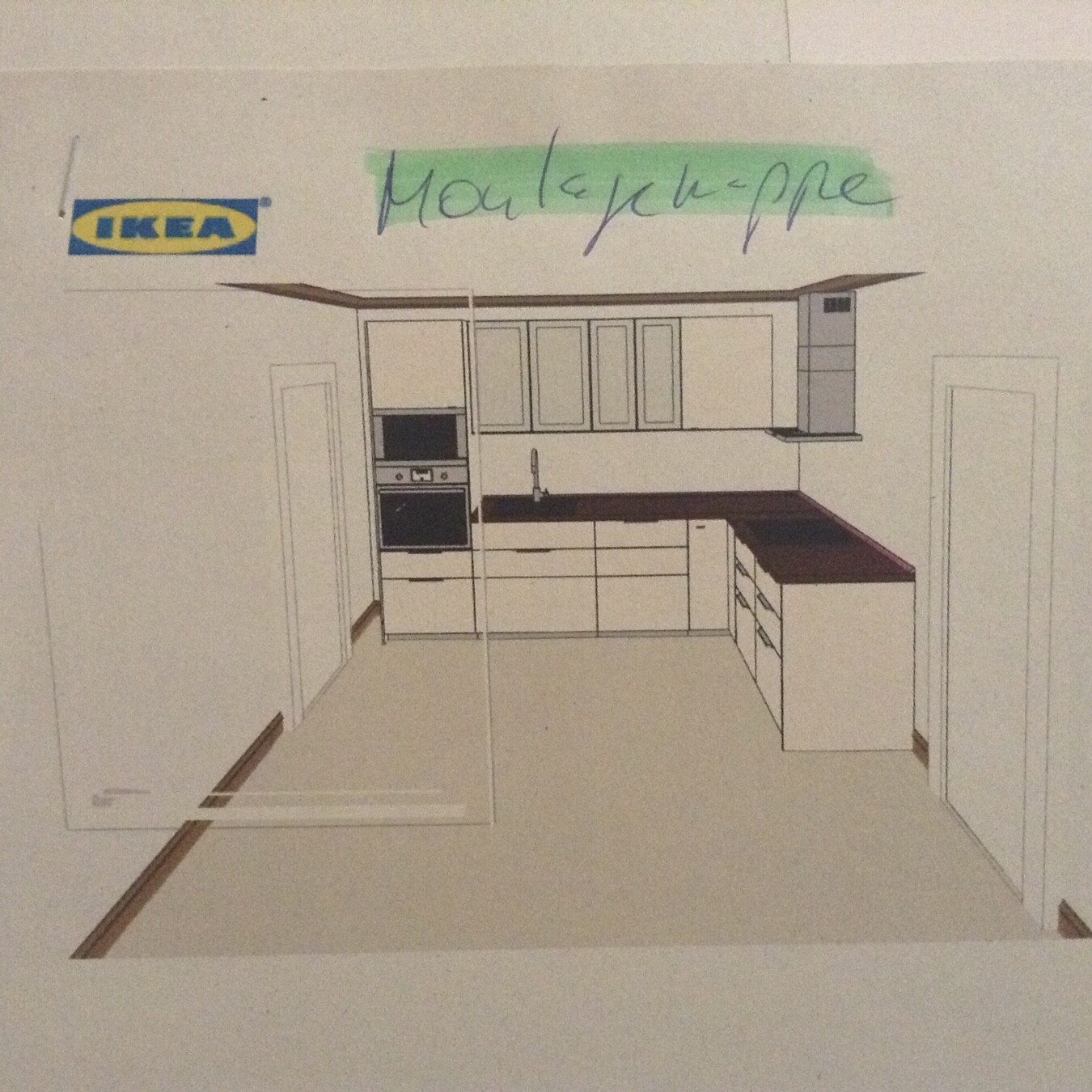 3D-Küchenplan im Ikea-Stil mit Schränken, Arbeitsplatten und Geräten