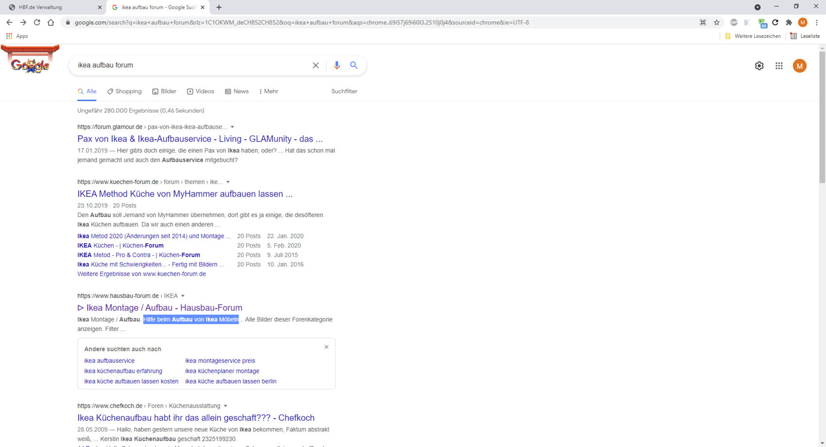 Screenshot einer Google-Suchergebnisseite für ikea aufbau forum mit mehreren Link-Ergebnissen.