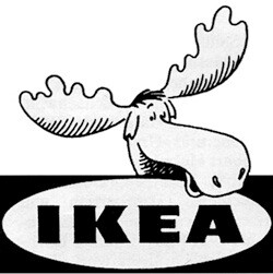 Schwarz-weißes IKEA-Logo mit Vogel über dem ovalen Schriftzug.
