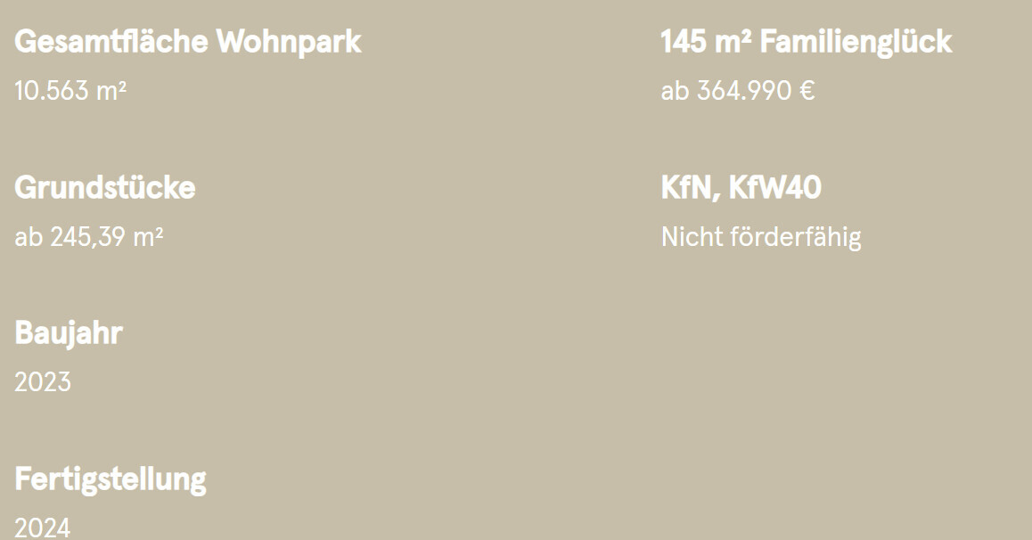 Beiges Infobild mit Immobiliendaten: Gesamtflaeche, Grundstueck, Baujahr und Fertigstellung