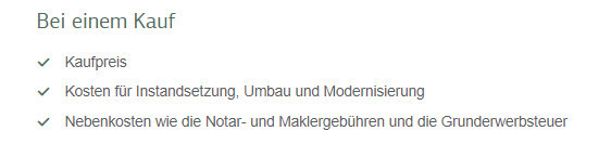 Kostenliste beim Kauf: Kaufpreis, Umbau/Modernisierung, Notar- und Maklergebühren.